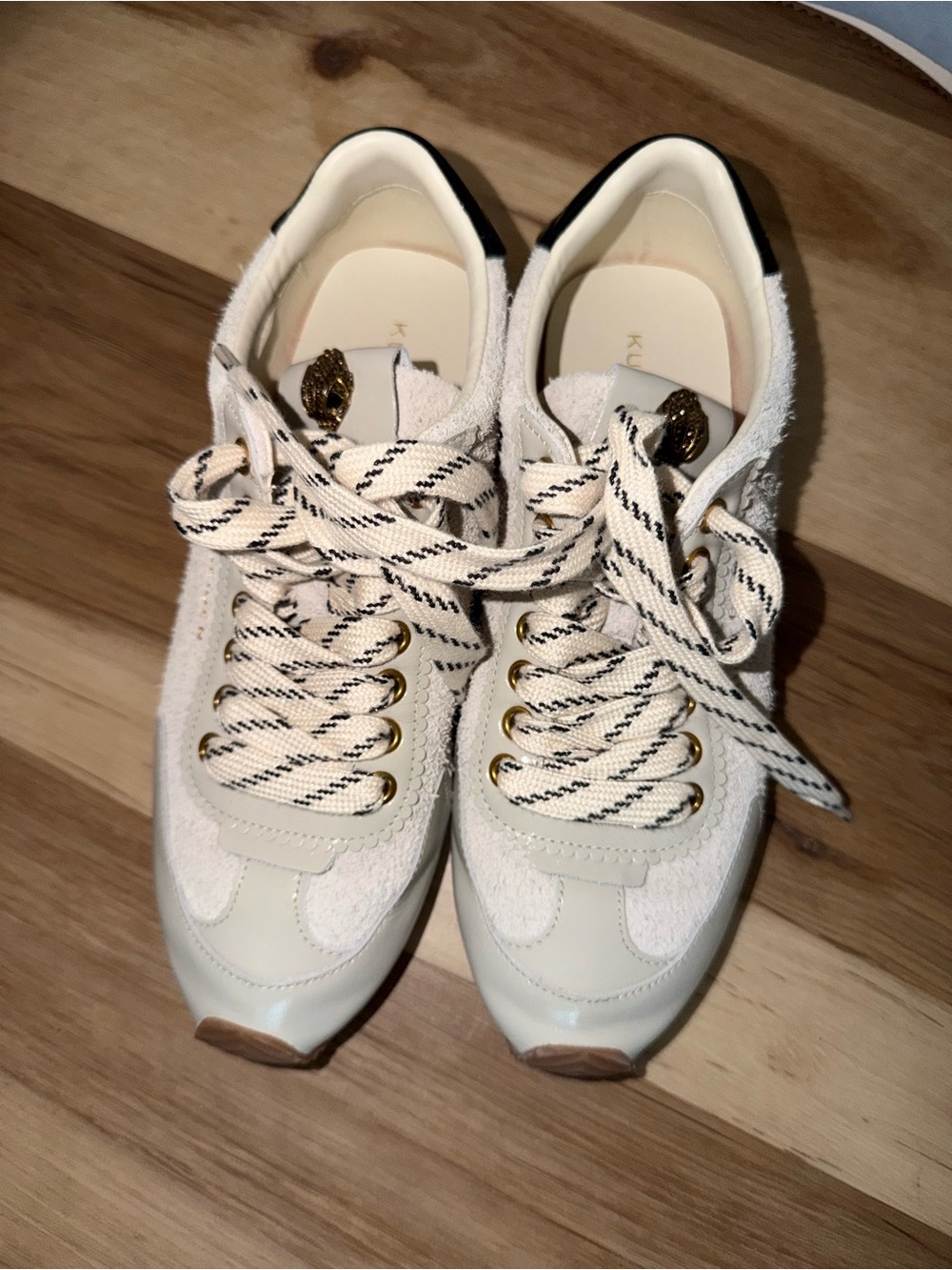 Kurt Geiger Cream and Gold Lace-Up Tweed Sneakers